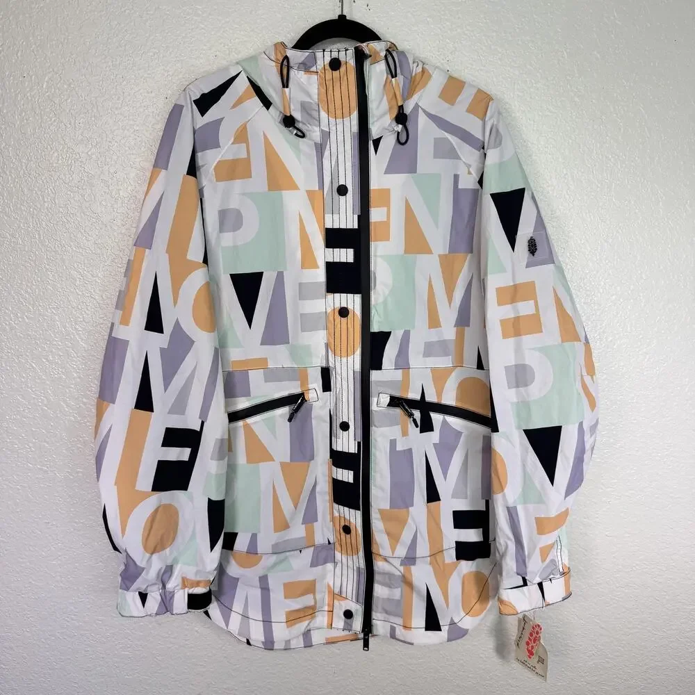Free People Singing In The Rain Jacket Womens Large Logo Pastel Hooded Packable
